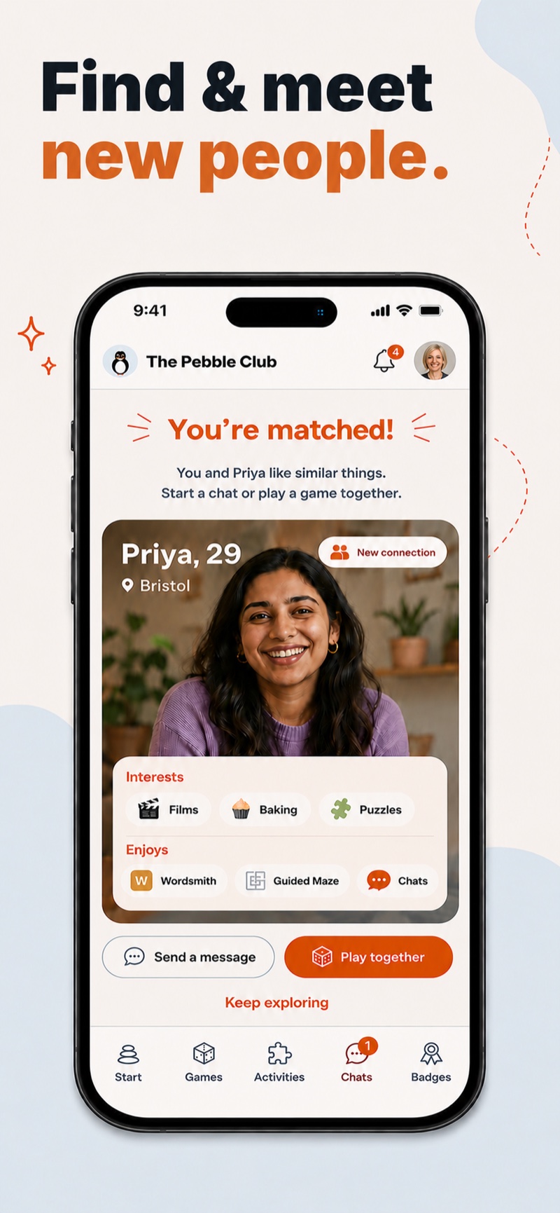 The Pebble Club's match screen: you're matched with someone who shares your interests, and can start a game or send a message